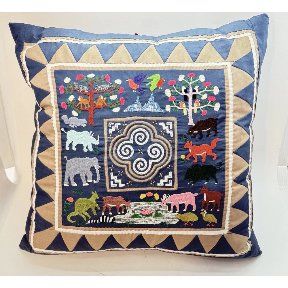 Hmong Story Cloth Paj Ntaub Pillow Cover Hand Embroidered Textile Art 18x18